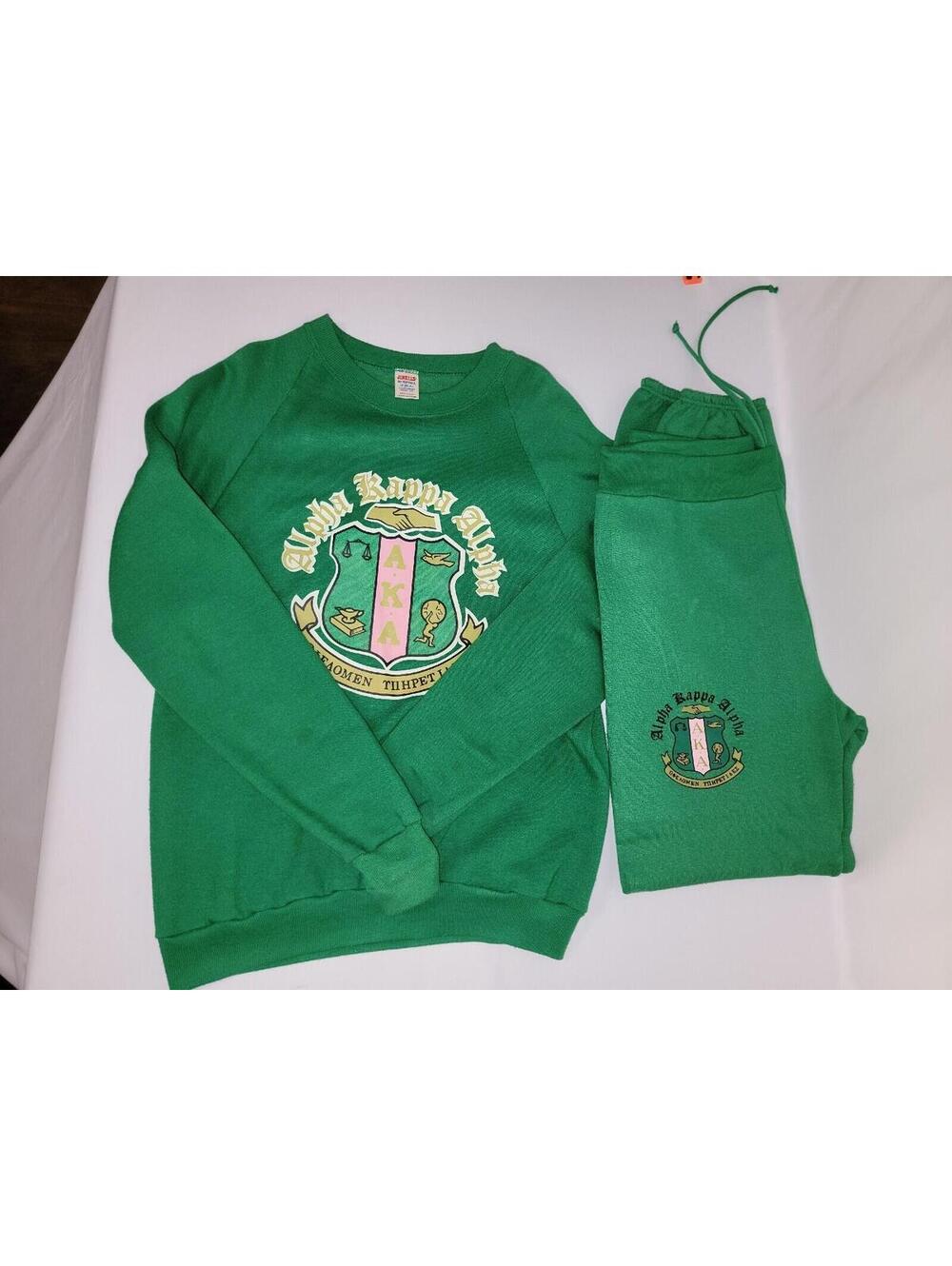VTG 80s JERZEES Alpha Kappa Alpha Sorority Sweater & Pants M 32-34 Green AKA Set